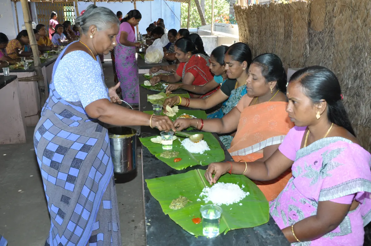 Women participating in a collective food and livelihood activity